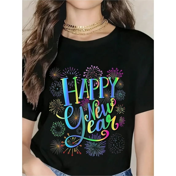 Happy New Year T-Shirt For Women - Colorful Fireworks Design, Festive Celebration Shirt, Party Wear Top, Holiday Gift Idea, 2024 New Year's Eve Outfit, Casual Graphic Tee For Women