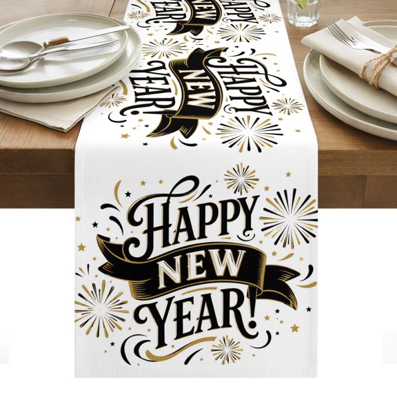 Happy New Year Table Runner 13x36 Inch Minimalist Gold Black Typography Ribbon Fireworks Cotton Linen Dining Table Runner Ideal for Dresser Kitchen Coffee Tables - Machine Washable