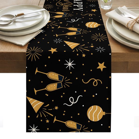 Happy New Year Table Runner 13x36 Inch Minimalist Gold Fireworks Champagne Ornament Cotton Linen Dining Table Runner Ideal for Dresser Kitchen Coffee Tables - Machine Washable