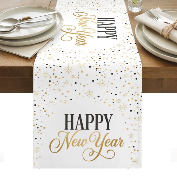 Happy New Year Table Runner 13x36 Inch Minimalist Modern Gold Confetti Cotton Linen Dining Table Runner Ideal for Dresser Kitchen Coffee Tables - Machine Washable