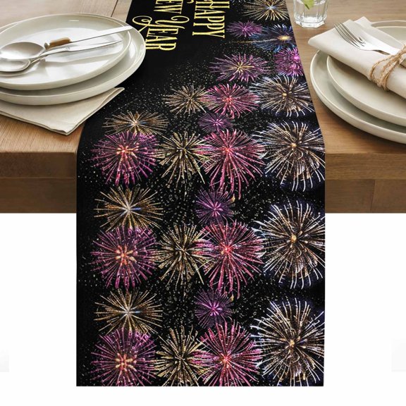 Happy New Year Table Runner 13x36 Inch Modern Gold Purple Blue Fireworks Cotton Linen Dining Table Runner Ideal for Dresser Kitchen Coffee Tables - Machine Washable