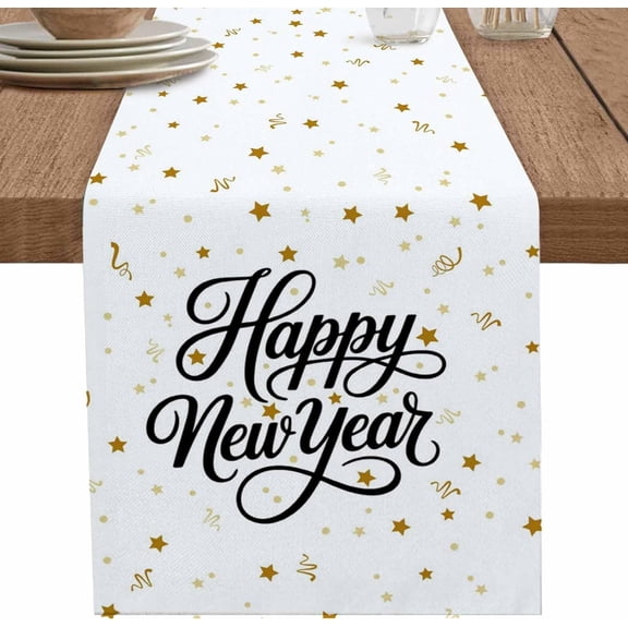 Happy New Year Table Runner 13x48 Inches Long Stars Line Cotton Linen Table Runner Burlap Style Farmhouse for Dinner Party Tabletop Decorations