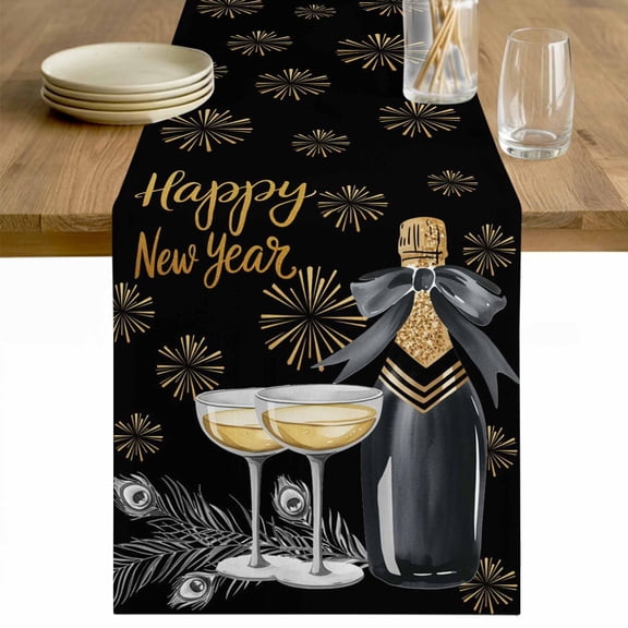 Happy New Year Table Runner - 36 Inch Long Cups Modern Art Cotton and Linen Blended Dress Scarves Farmhouse Table Runner for Kitchen Dining, Coffee Table, 13" x 36"