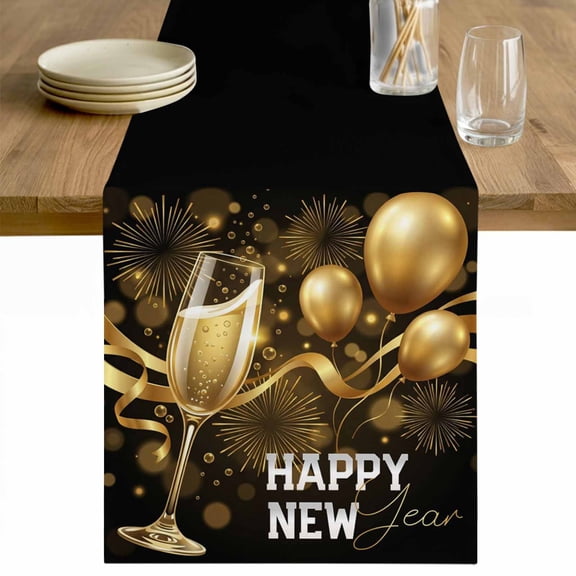 Happy New Year Table Runner - 36 Inch Long Yellow Champagne Balloons Ribbons Luxury Cotton and Linen Blended Dress Scarves Farmhouse Table Runner for Kitchen Dining, Coffee Table, 13" x 36"