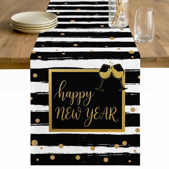 Happy New Year Table Runner - 36 Inch Long Yellow Champagne Polka Dot White Black Stripes Cotton and Linen Blended Dress Scarves Farmhouse Table Runner for Kitchen Dining, Coffee Table, 13" x 36"