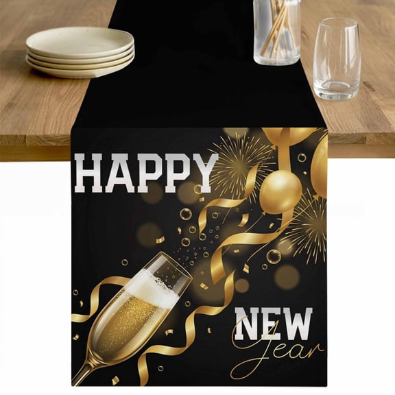 Happy New Year Table Runner - 36 Inch Long Yellow Champagne Ribbon Luxury Black Cotton and Linen Blended Dress Scarves Farmhouse Table Runner for Kitchen Dining, Coffee Table, 13" x 36"