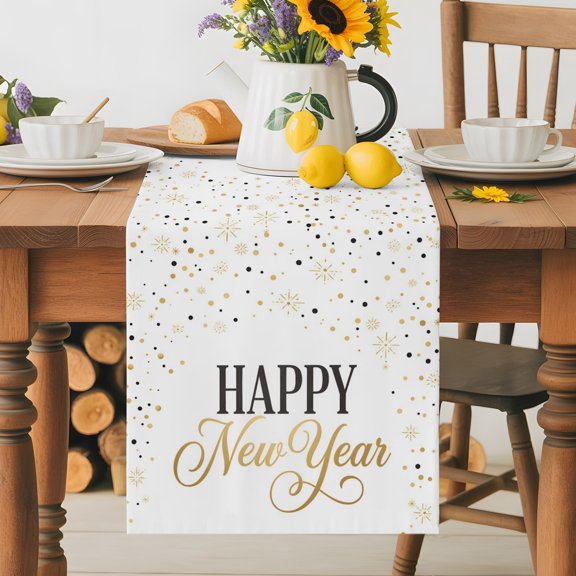 Happy New Year Table Runner 36 Inches Long, Minimalist Celebration Sparkles Table Runners Tabletop Scarf Kitchen Dining Tables Decoration for Home Party Indoor Outdoor