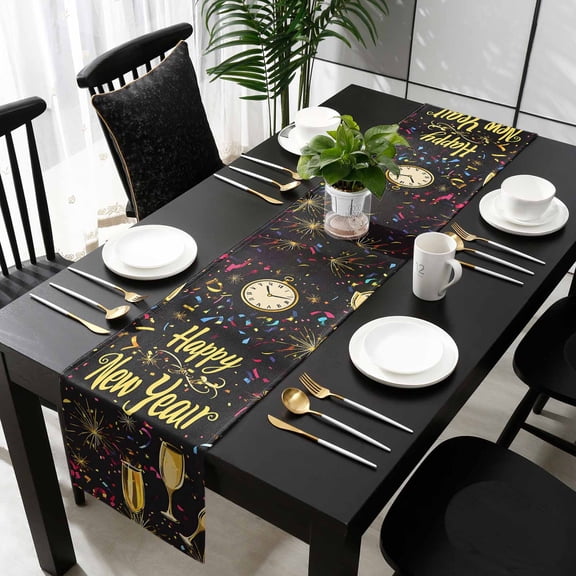 Happy New Year Table Runner 90 Inches Long - Colorful Modern Abstract Art Kitchen Dining Burlap Linen Tablerunner for Small/Round/Square/Wedding/Coffee/Dining Table Party Home Décor 13 x 90