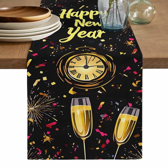 Happy New Year Table Runner, Colorful Abstract Art Washable Cotton Linen Table Runners 48 Inches Long, Dresser Scarf Runner for Nightstand/Coffee/End Tables 13''x48''