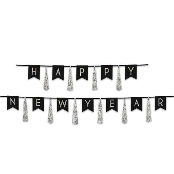Happy New Year Tassel Streamer, 13" x 6' & 13" x 9', Black & SIlver (1/Pkg)