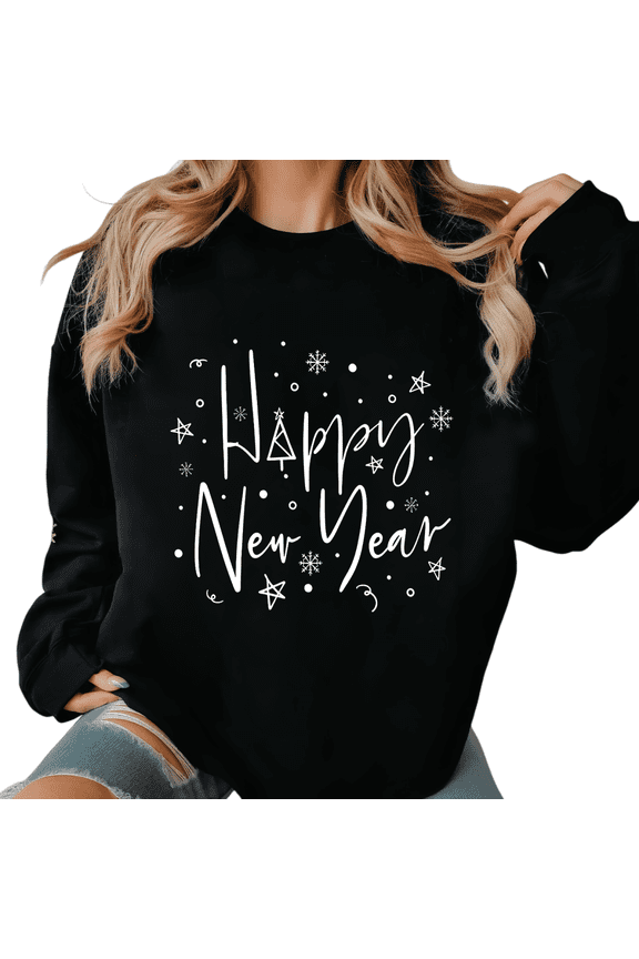 Happy New Year Theme Graphic Commuting Tee T Shirt Winter Pattern Tops Round-neck long-sleeved Black S-3XL