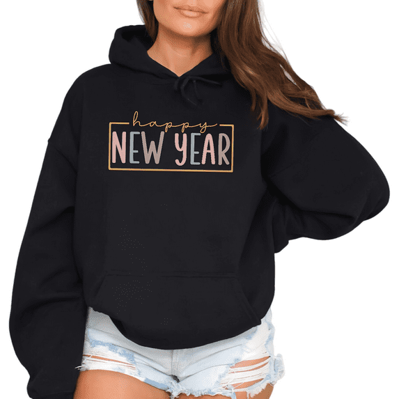 Happy New Year Theme Graphic Tee T Shirt Pink Green Pattern Graphic Tops Casual Hooded long-sleeved Black S-2XL