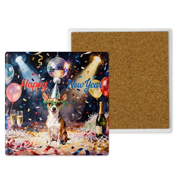 Happy New Year Toy Fox Terrier Chills on Year-End Party Set of 4 Stone Coasters Dog Lover 4x4in Absorbent Soapstone Coaster - 12023