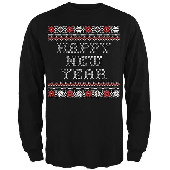 Happy New Year Ugly Christmas Sweater Black Adult Long Sleeve T-Shirt - Large