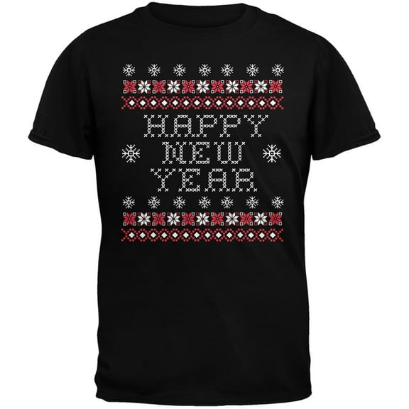Happy New Year Ugly Christmas Sweater Black Adult Short Sleeve T-Shirt - Large