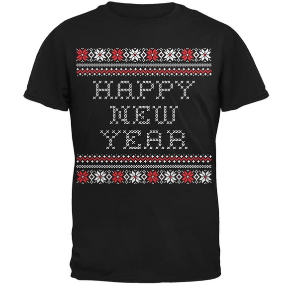 Happy New Year Ugly Christmas Sweater Black Adult T-Shirt - Large