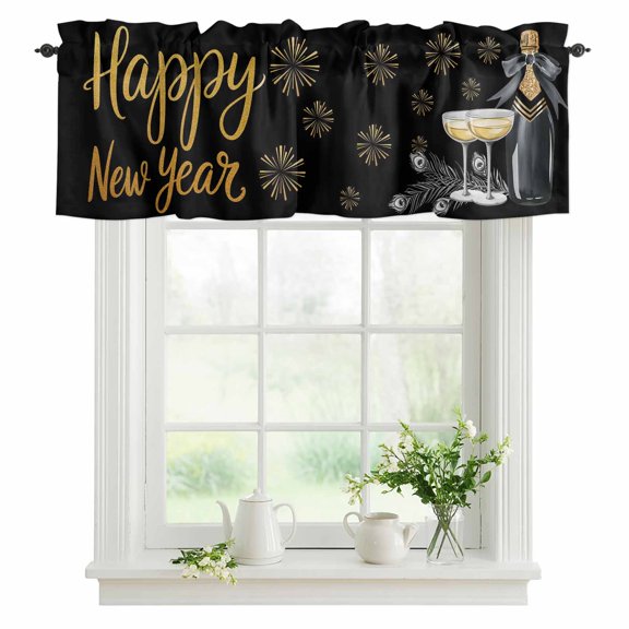 Happy New Year Valances for Windows, Rod Pocket Kitchen Valance Curtains - Soft & Washable Small Window Treatment for Living Room, Bathroom, Champagne Cup Gold Fireworks 42x12inch, 1 Panel