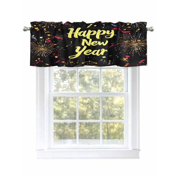 Happy New Year Valances for Windows, Rod Pocket Kitchen Valance Curtains - Soft & Washable Small Window Treatment for Living Room, Bathroom, Clock Fireworks, 54x18inch