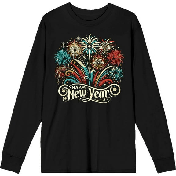 Happy New Year Vector Fireworks Adult Black Crew Neck Long Sleeve Shirt-Medium
