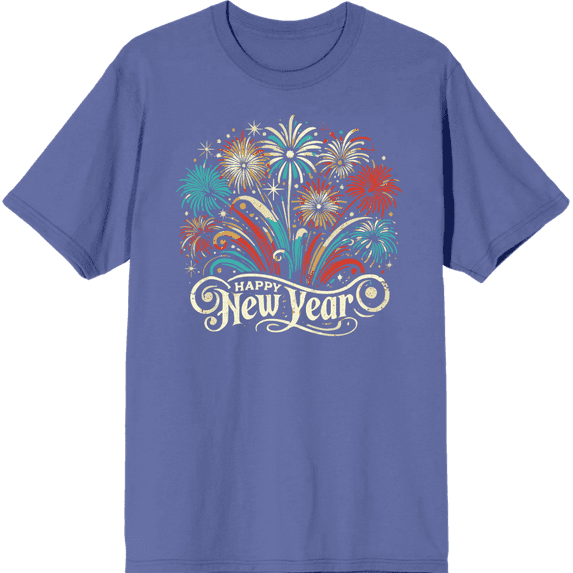 Happy New Year Vector Fireworks Adult Blue Crew Neck Short Sleeve Tee-Medium