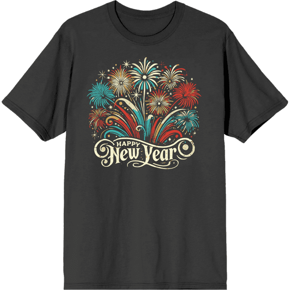 Happy New Year Vector Fireworks Adult Charcoal Crew Neck Short Sleeve Tee-3XL