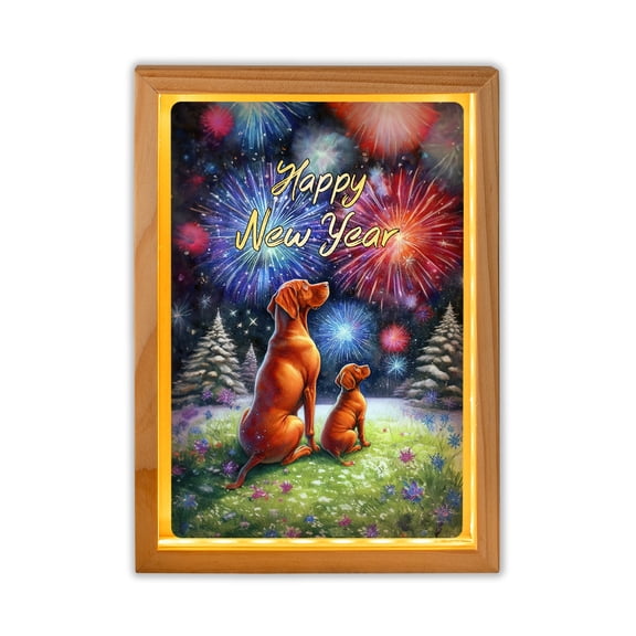 Happy New Year Vizsla Family Cheer Winter Midnight Firework Acrylic Plaque with Wood Photo Frame Box Vizslas Dog Lover Gifts Idea Light Box - 02025