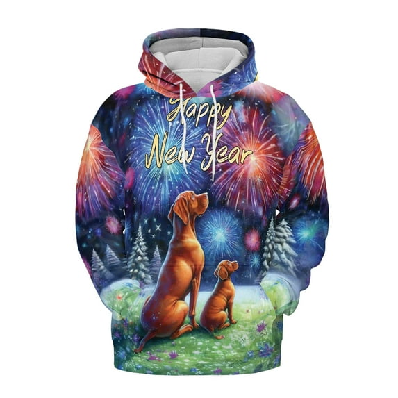 Happy New Year Vizsla Family Cheer Winter Midnight Firework All Over Print 3D Hoodie Unisex Merch Hoodies Vizslas Dog Lover Gifts Idea - 02025