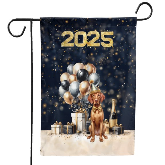 Happy New Year Vizsla Welcome 2025 Balloon Firework Party Garden Flag 12x18in Double Sided Vizslas Dog Lover Gifts Idea Outdoor Decor - 01014