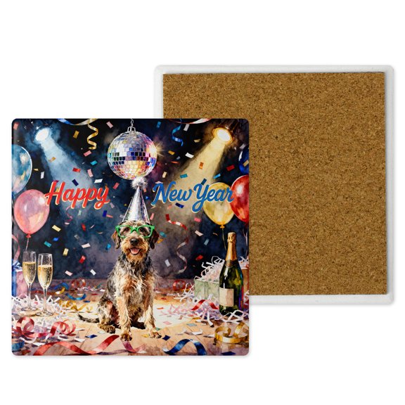 Happy New Year Wirehaired Pointing Griffon Chills on Year-End Party Set of 4 Stone Coasters Dog Lover 4x4in Absorbent Soapstone Coaster - 12023