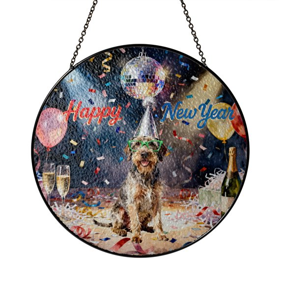 Happy New Year Wirehaired Pointing Griffon Chills on Year-End Party Stained Glass Suncatcher Dog Lover Window Hanging Sign Decor - 12023
