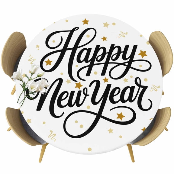 Happy New Year Words Pattern Fitted Round Tablecloths Table Covers 45"-54",Waterproof Table Cloth for Kitchen Holiday Party Tables Decor
