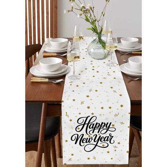 Happy New Year Words Pattern Table Runner 13x72in Non-Slip Cotton Linen Table Runners, Gold Stars Dresser Scarves TableRunner for Dinner Kitchen Dining Wedding Party
