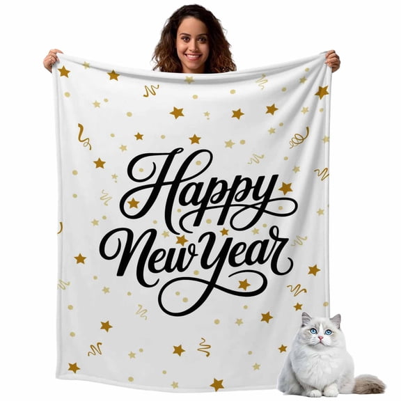 Happy New Year Words Pattern Throw Blanket Flannel Fleece Throws, Gold Stars Lightweight Super Soft Warm Blankets for Couch Sofa Bed All Season Use, 40x50 in