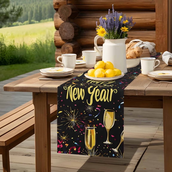 Happy New Year Words Table Runner 72 Inch Long Colorful Fireworks Table Runners Linen Burlap Tablerunner for Kitchen Dining Room Holiday Party