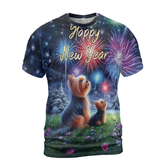 Happy New Year Yorkshire Terrier Family Cheer Winter Midnight Firework All Over Print 3D Shirt Unisex Merch Yorkie Dog Lover Gifts - 02025