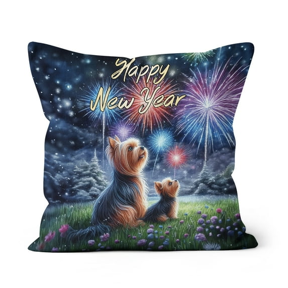 Happy New Year Yorkshire Terrier Family Cheer Winter Midnight Firework Pillow Cushion Double Sided Yorkie Dog Lover Gifts Throw Pillow - 02025