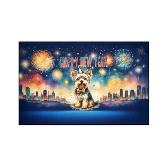 Happy New Year with Yorkshire Terrier Fireworks Holiday Xmas Winter 2025 Indoor Rug Yorkie Dog Lover Gifts Carpet Living Bed Room Sofa Home Decor - 00025