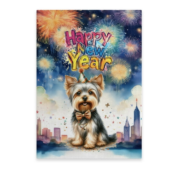 Happy New Year with Yorkshire Terrier Fireworks Holiday Xmas Winter 2025 Vertical Matte Canvas Poster Yorkie Dog Lover Gifts Wall Art Home Decor - 00025