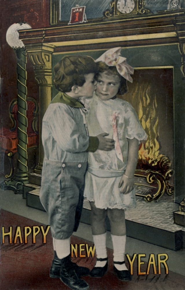 Happy New Year by fire card Canvas Art - Unknown (18 x 24)