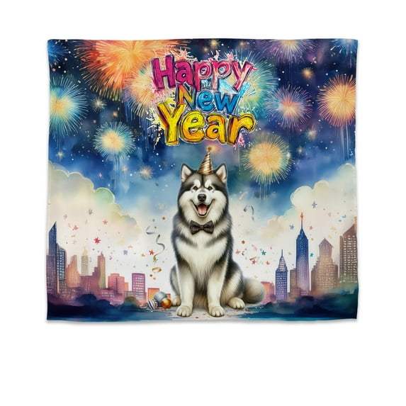 Happy New Year with Alaskan Malamute Fireworks Holiday Xmas Winter 2025 Tapestry Alaska Mal Dog Lovers Gifts Wall Hanging Backdrop Home Decor - 00025