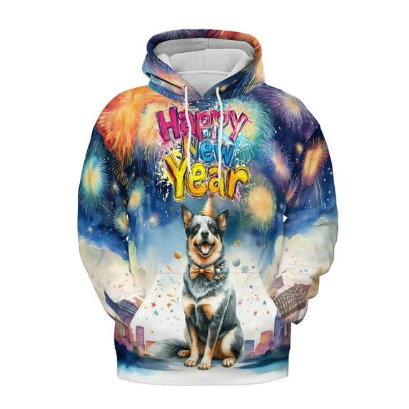 Happy New Year with Australian Cattle Dog Fireworks Holiday Xmas Winter 2025 All Over Print 3D Hoodie Unisex Merch Hoodies Heeler Lover Gifts - 00025