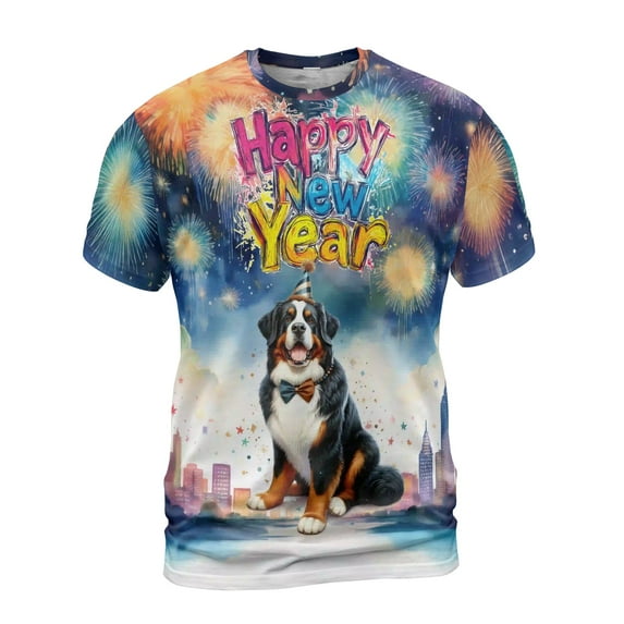 Happy New Year with Bernese Mountain Dog Fireworks Holiday Xmas Winter 2025 All Over Print 3D Shirt Unisex Merch Berner Lover Gifts - 00025