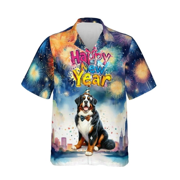 Happy New Year with Bernese Mountain Dog Fireworks Holiday Xmas Winter 2025 Hawaiian Shirt Breathable Summer Unisex Merch Berner Lover Gifts - 00025