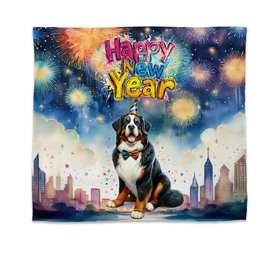 Happy New Year with Bernese Mountain Dog Fireworks Holiday Xmas Winter 2025 Tapestry Berner Lover Gifts Wall Hanging Backdrop Home Decor - 00025