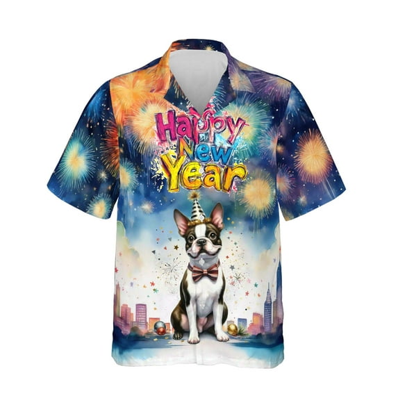 Happy New Year with Boston Terrier Fireworks Holiday Xmas Winter 2025 Hawaiian Shirt Breathable Summer Unisex Merch Gentleman Dog Lover Gifts - 00025