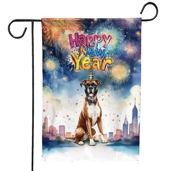 Happy New Year with Boxer Fireworks Holiday Xmas Winter 2025 Garden Flag 12x18in Double Sided Boxers Dog Lover Gifts Idea Outdoor Decor - 00025