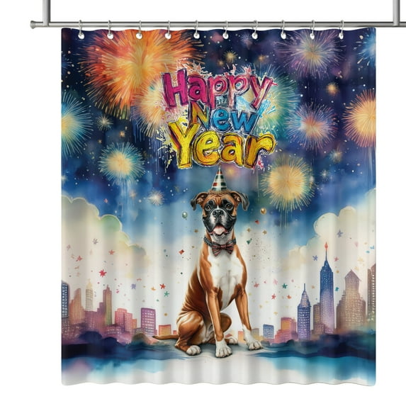 Happy New Year with Boxer Fireworks Holiday Xmas Winter 2025 Shower Curtain Boxers Dog Lover Gifts Idea Waterproof Bathroom Bathtub Curtain - 00025