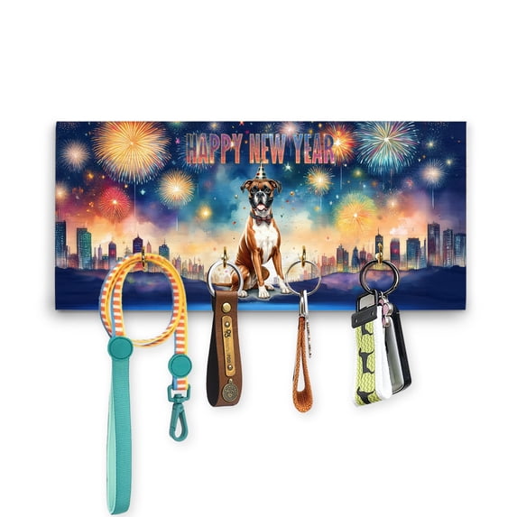 Happy New Year with Boxer Fireworks Holiday Xmas Winter 2025 Wood Key Holder Boxers Dog Lover Gifts Idea Wall-mounted Key Rack Home Decor - 00025