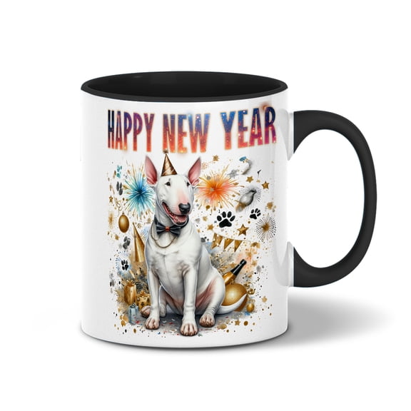 Happy New Year with Bull Terrier Fireworks Holiday Xmas Winter 2025 11oz Accent Two-tone Mug Bully Dog Lovers Gifts Idea Coffee Tea Cup - 00025