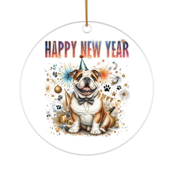 Happy New Year with Bulldog Fireworks Holiday Xmas Winter 2025 Acrylic Round Ornament Dog Lover Gifts Idea Home Tree Decor - 00025